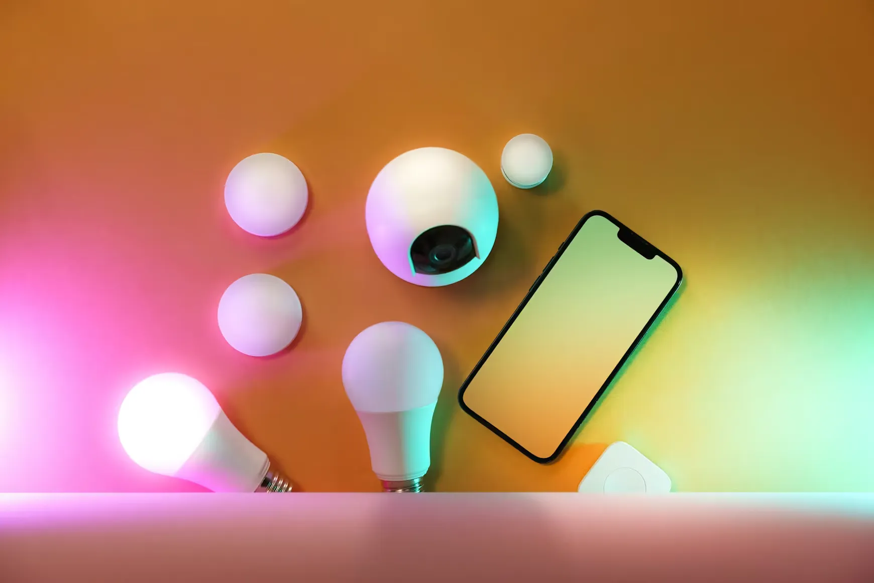 Eine Kamera, Glühbirnen und ein Handy auf einem Tisch mit orangem Hintergrund